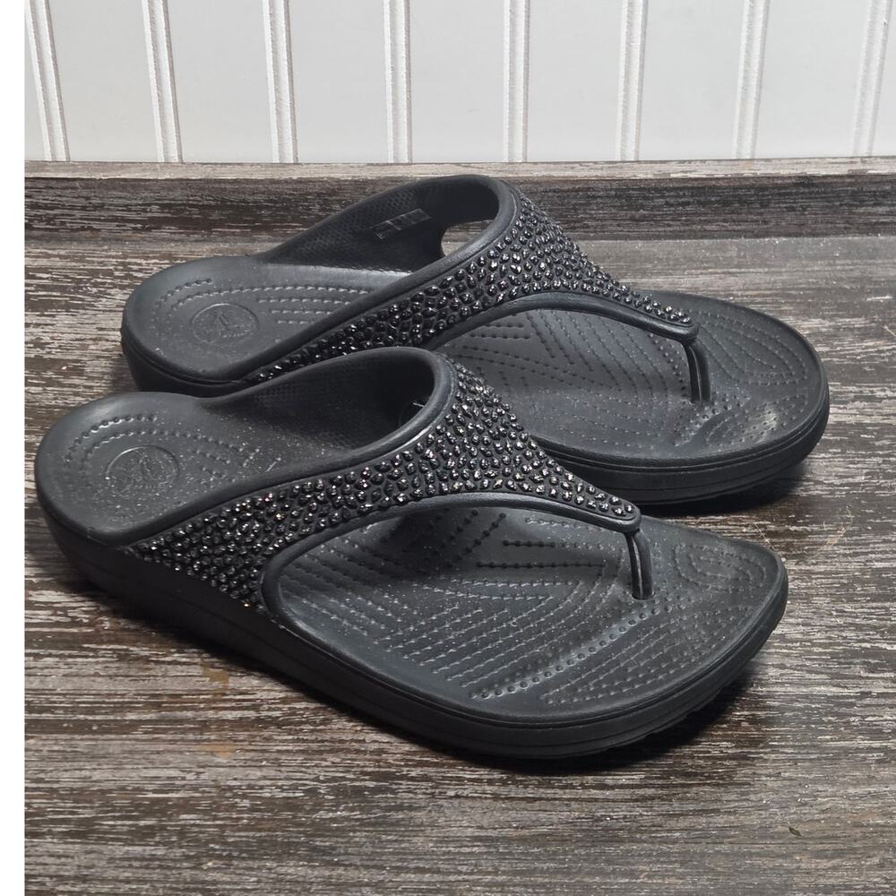 Crocs Women's Black T strap Sparkle Comfort Flip Flop  Size 11
